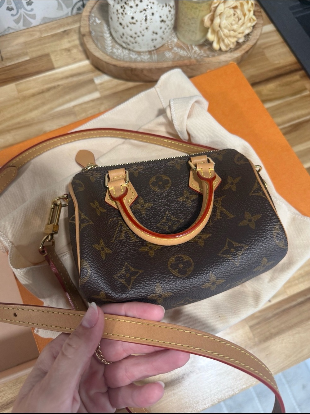 Authentic Louis Vuitton Brown Monogram Nano Speedy with Gold Hardware